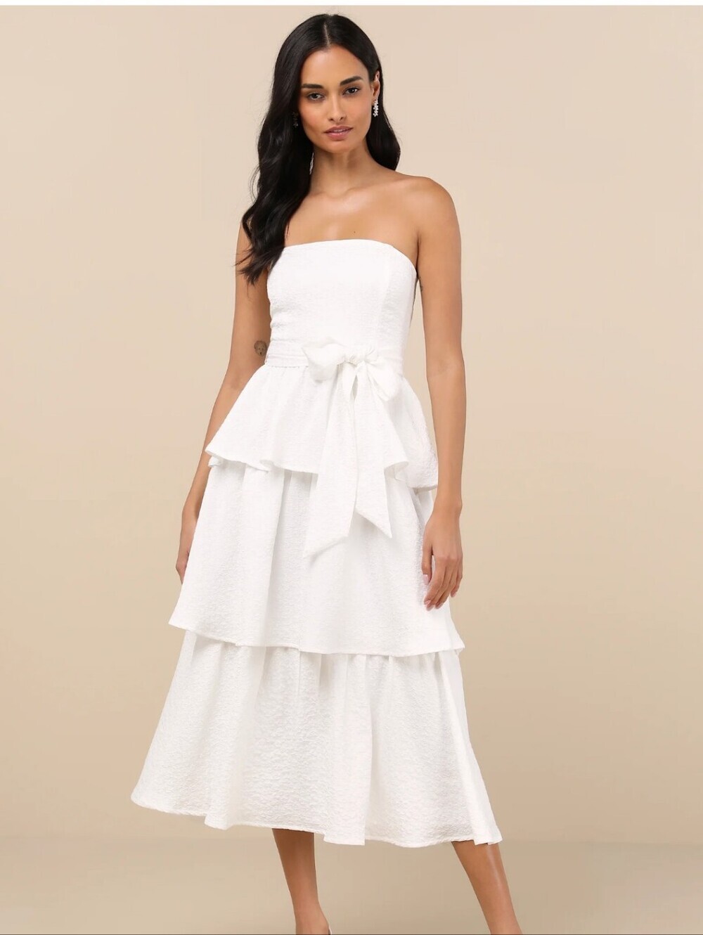 Lulus Truly Marvelous White Jacquard  Strapless Tiered Midi Dress